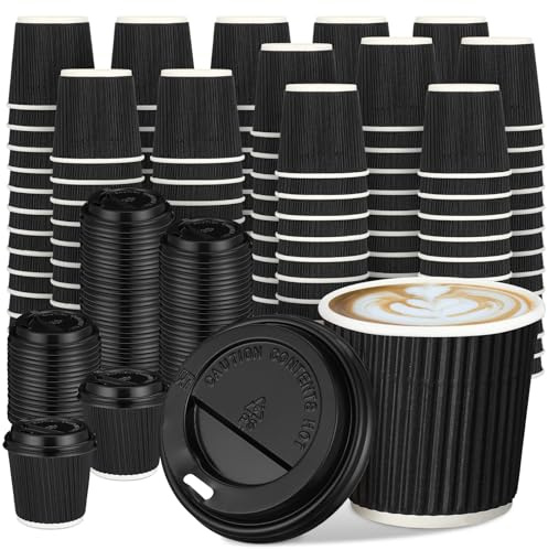 Uiifan 100 Set 4oz Disposable Espresso Cups with Lids Ripple Corrugated Paper Disposable Coffee Insulated Hot Ripple Cups for hot Chocolate, Tea, and Cocoa Drinks(Black)