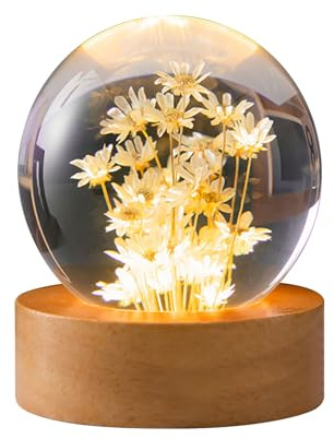 Gotrain Luce Notturna a Forma di Fiore Con Sfera di Cristallo, 6 cm, Lampada in Vetro Con Base, Alimentata Tramite USB, LED per Sfera di Vetro (Margherita Gialla)