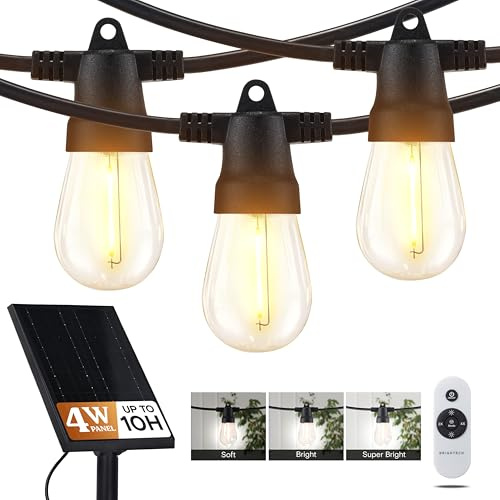 Brightech Ambience Pro Guirlande lumineuse solaire super lumineuse de 8,6 m avec télécommande avec 12 ampoules S14 incassables, LED de qualité commerciale, étanche, 4 W, blanc doux pour patio, jardin