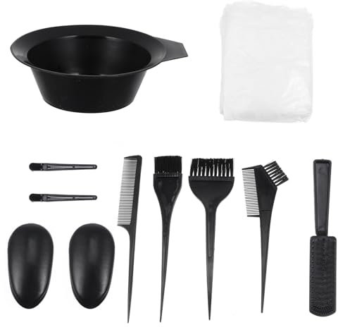 Housoutil 11 Pieces Hair Dye Tools Set, Black DIY Salon Hair Coloring Bleaching Tools Set including Hair Tinting Bowl, Dye Brush, Ear Cover, Cape, Shawl, Gloves, Hair Clip Kits