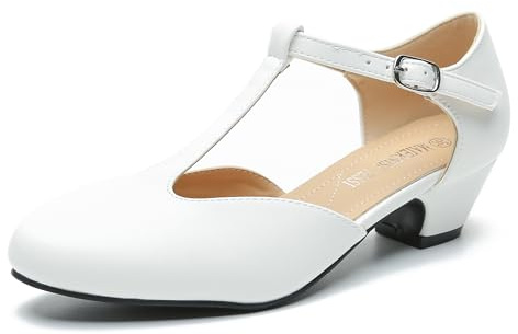MAIERNISI JESSI Women's T-Strap Mary Jane Pumps, Low Block Heel, Closed Toe, Buckle Ankle Strap White Matte 40 - US 8