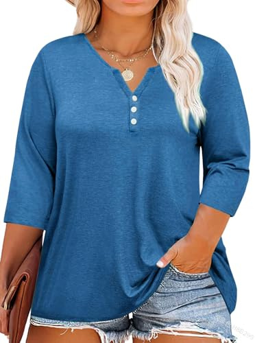 Fisoew Blusa de Tallas Grandes para Mujer, Manga 3/4, Cuello en V Profundo, Camiseta con botón, túnica de Gran tamaño, Azul Marino, XXL Grande