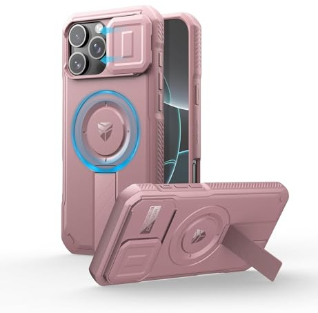 Dexnor Coque Compatible avec iPhone 16 Pro Max Magnétique avec Couverture de Caméra Coulissante & Support Réglable, Boîtier de Résistant aux Pare Chocs Robuste - Poudre Pivoine