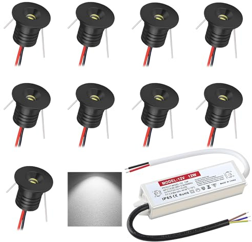 DYKUWEY Infälld LED-spotlight, 12 V, 1 W, mini IP65 hål, Φ16 mm, takspotlight för kök, trappa, garderob, hall, vitriner, skåp, set om 9 (kall vit 6 000 K)
