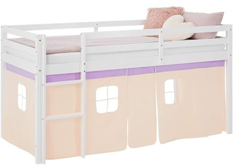 Homestyle4u Hochbett 90x200 Lila Kinderbett mit Rausfallschutz Vorhang Bett Kiefer massiv Lattenrost Matratze