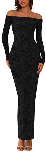 PRETTYGARDEN Womens Off The Shoulder Floral Maxi Bodycon Dress Fall Long Sleeve Mesh Fitted Long Formal Wedding Guest Dresses(Black,X-Large)