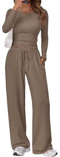 TFNOSIZE Completo da donna coordinato da 2 pezzi, top a maniche lunghe e pantaloni a gamba larga, set da salotto morbido coordinato, Marrone chiaro, S