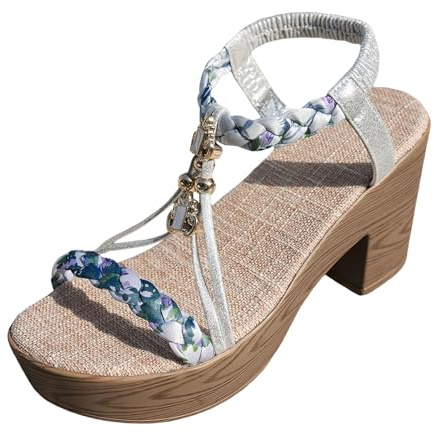 Plattform kil sandaler för kvinnor tjocka block låga klackar bohemiska sandaler elastisk ankelrem plattform uppklädd sandal öppen tå bekväma sommarklackar semester sommarskor, Ljusblått, 37 EU