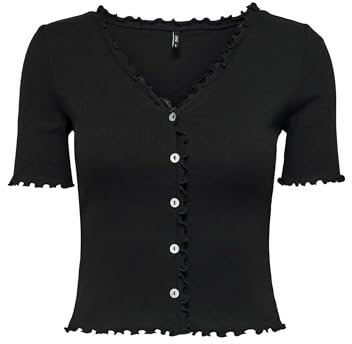 ONLY Damen Geripptes Cropped T-Shirt | Kurzes Kurzarm V-Ausschnitt Top | Rüschen Details ONLLAILA, Farben:Schwarz, Größe:M