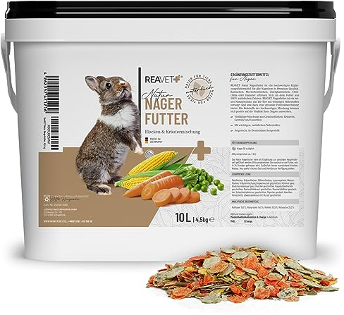 ReaVET Natur Nagerfutter 10 Liter - Kaninchenfutter, Meerschweinchen Futter, Hamster, Nager - Artgerecht mit Gemüseflocken, Kräutern, Getreide, und Luzerne, Ohne künstliche Zusätze