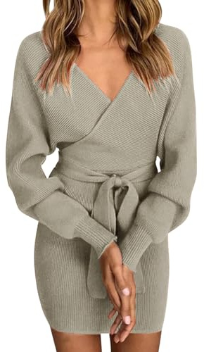 Vancavoo Robe Pull Femme Elégant Robe Tricoté Col V Manche Longue Casual Robe Automne Hiver Tunique Chic Jupe Courte Robe Moulante Slim avec Ceinture,Gris M