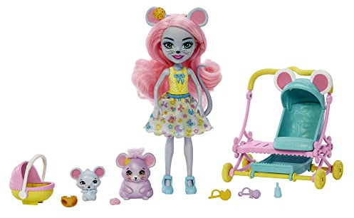 Enchantimals City Tails Mausbaby Kinderwagen - Puppen-Set mit Mauria Mouse, Squeaker und rollendem Kinderwagen für Zwei Beste Freunde, für Kinder ab 4 Jahren, HKR57