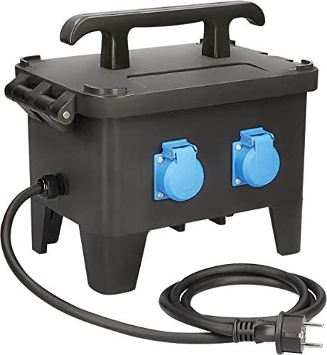 as - Schwabe 63270 G-M23 - Distribuidor de corriente para construcción (3,6 kW, 4 enchufes de 230 V/16 A, 2 m H07RN-F3G2,5, 4 interruptores de corriente residual, color negro)