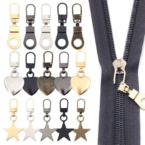 BCBF 15 Pezzi Tiranti Con Cerniera, Cerniera Lampo,Cursore Cerniera Ricambio, Ciondolo In Metallo, Con Cerniera Rimovibile, Universale, Cursori Per Cerniere Lampo Per Giacche,Pantaloni,Bagagli(3Forma)