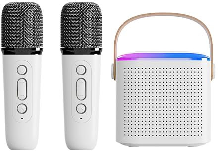SUNYOY Máquina de karaoke portátil con 2 micrófonos inalámbricos, mini máquina de karaoke con luces LED, altavoz Bluetooth, tarjeta TF de soporte, entrada AUX para niños adultos fiesta de cumpleaños