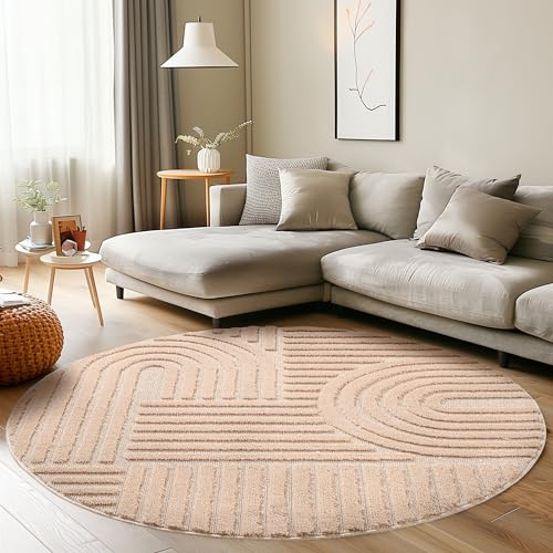 Carpettex Kurzflor Hochtief Teppich Wohnzimmer 200 cm Rund Rosa Skandi-Look - 3D Effekt Boho Muster Teppich Waschbar und Flauschig - Teppich für Schlafzimmer, Esszimmer und Küche
