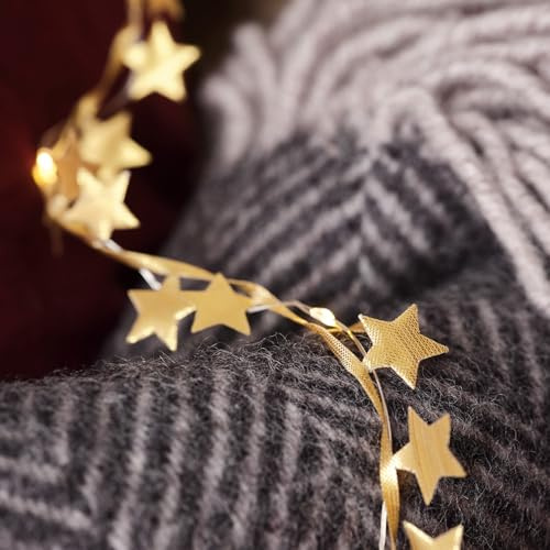 Lights4fun Indoor 40 Warm White Micro LED Gold Fabric Star Garland String Fairy Lights Battery Operated with Timer 3.8m