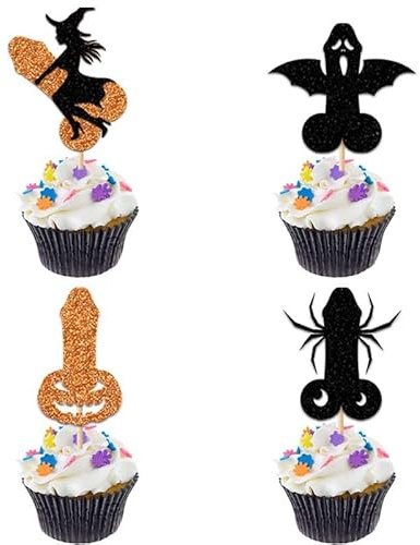 24Pcs Halloween Cupcake Toppers Glitter Bachelor Party Witch Bat Pumpkin Spider Cupcake Picks for Halloween Bachelor Hen Funny Bridal Shower Birthday Party Supplies