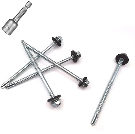 Pafnisoin 50 Tornillos Autorroscantes 4,8 x 85 mm Tornillos para Fontanería Color Antracita con Arandela de Sellado Tornillos Trapezoidales para Chapa Tornillos para Chapa con Casquillo Hexagonal