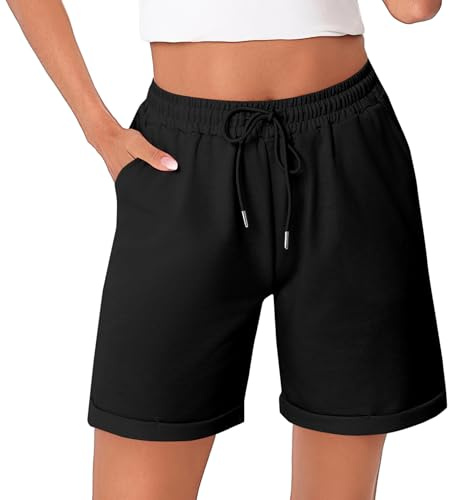 Litherday Pantalones Cortos Mujer Algodón Verano Shorts Deportivos Cintura Alta con Cordón Ropa Deportiva para Fitness Yoga Jogging Casa Negro XL
