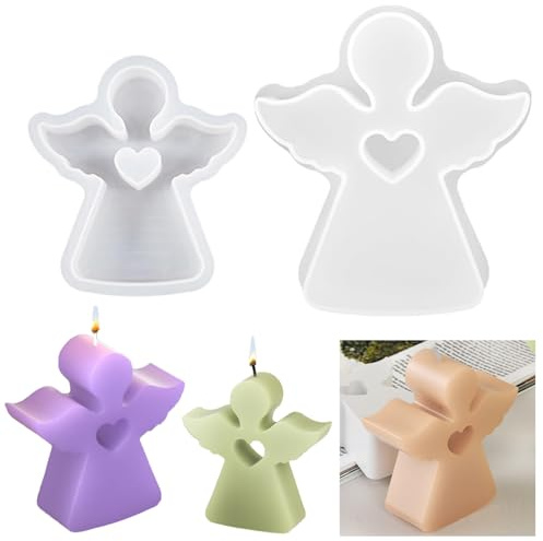 RHQFDM 2 Pièces Moule en Silicone pour Bougies Ange,Moule pour Bougie Ange en Forme de Cœur,Moules 3D en Silicone pour Bougies,Moules à Bougie Réutilisables,pour des Bougies de Pâques à Faire soi Même