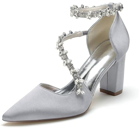 IvoireCh - Zapatos de novia de satén para mujer con tacón de bloque adornado con cristales, tacones gruesos de 3 pulgadas con punta cerrada y puntiaguda para novia, egreso y fiestas de cóctel