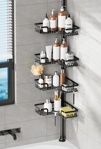 KEGII Etagere Douche Telescopique - Etagere Douche Angle Etagere Angle Salle de Bain Etagere de Douche Sans Percage Support Savon Crochet Douche(Noir, Inox)