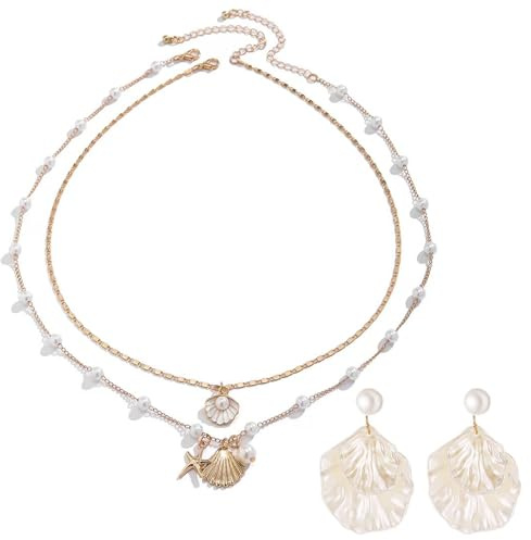 AINIUNIU Collana con Conchiglie Dorate e Girocollo a Strati di Perla - Orecchini da Donna - Set Gioielli Regalo