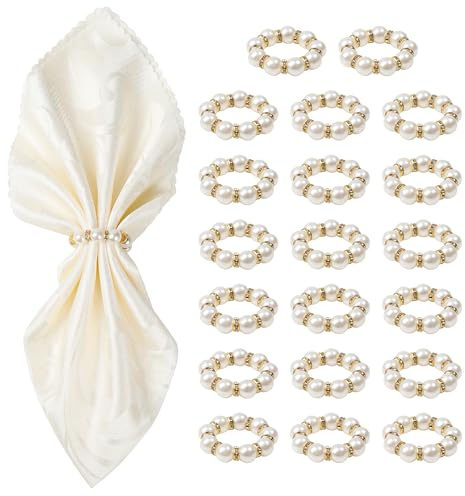 Gold Napkin Rings 20Pcs, Imitation Pearl Napkin Rings Napkin Holder, Elegant Rhinestone Gold Beaded Serviette Buckles for Weddings, Party Supplies & Fancy Table Decor (White and Gold, 20Pcs)