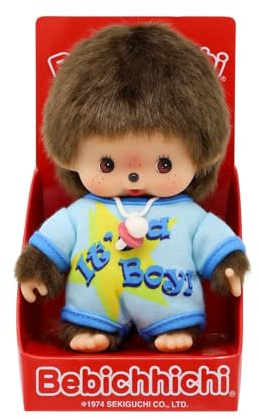 Sekiguchi 203840 - Bebichhichi Original niño, Peluche con Pelele Azul Claro, Peluche de Aproximadamente 14 cm de Altura Fabricado en Felpa marrón