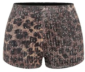 GORGLITTER Damshorts med paljetter, Y2K, partyshorts med leopardmönster, rave, korta byxor med dragkedja, minishorts, hotpants, festivaloutfit, leopard, S