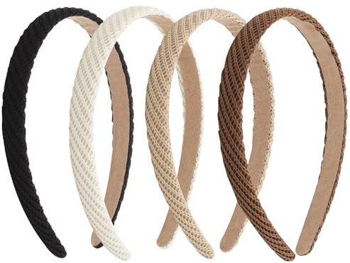 VOSSOT 4 stycken hårband, trendiga pannband, flätat stickat hårband, enfärgat hårband dam, elegant för flickor och kvinnor, vardag med hårnål (svart/beige/kaffe/brun)