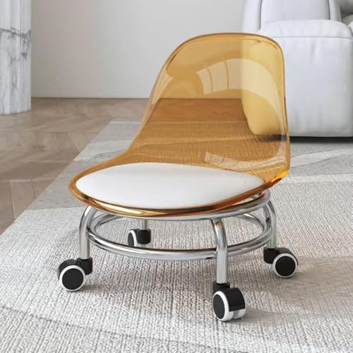 Taburete rodante de metal acrílico con respaldo, cómodo asiento giratorio de 360 grados para el hogar, oficina, jardín, garaje o tienda