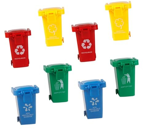 Abaodam Lot de 8 Mini Poubelles à Pousser pour Garçon et Filles, 4 Couleurs Vives, Plastique Solide, Poubelle pour Tri des Déchets, Jeu Éducatif D’éveil ’activité, Facile à Transporter