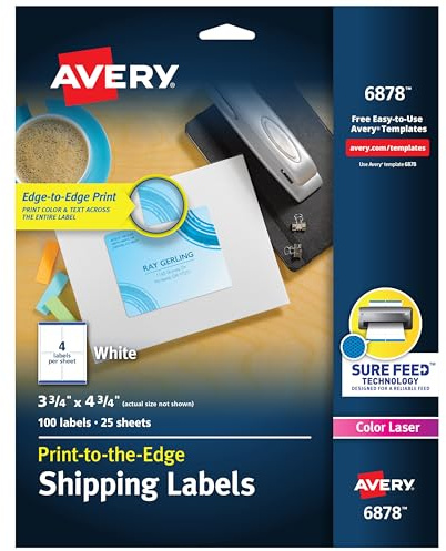 Avery Print-to-the-Edge Printable Shipping Labels, 3.75 x 7.75, Matte White, Sure Feed Technology, Laser & Inkjet Compatible, 100 Blank Labels, Great for Mailing, Branding, and More (6878)