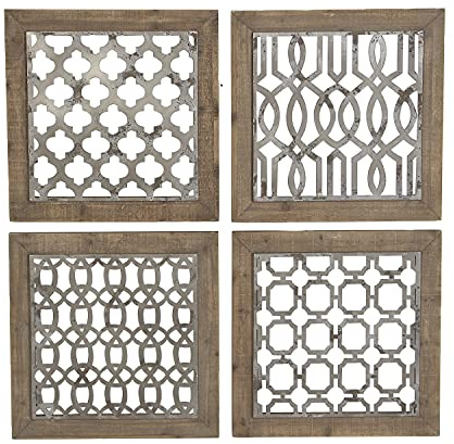 Deco 79 Wood Geometric Home Wall Decor Wall Sculpture with Silver Metal Trellis Cutouts, Set of 4 Wall Art 19W, 19H, Brown