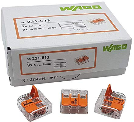 WAGO Steckklemme 3-Fach mit Hebel für starre und flexible Drähte (0,5-6 mm²) zum wieder öffnen transparent/orange Inhalt 30 Stück