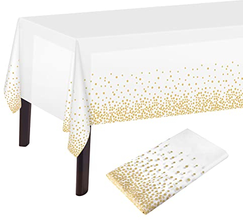 PLULON Weiß und Gold Dot Tischdecke 137 x 274 cm Kunststoff Rechteck für Party Geburtstag Tischdekoration