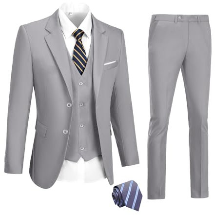 DOISPON Herren-Anzug, 3-teilig, 2 Knöpfe, schmale Passform, Smoking, Abschlussball, formelle Jacke, Blazer, Hose mit Krawatte, GRAU, L