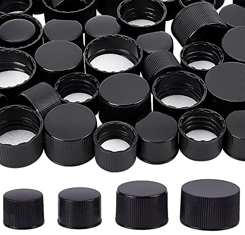 BENECREAT 56 st svarta plastskruvlock med skumfoder, 4 stilar 18 mm/24 mm/28 mm platt rund flaskkanna förvaringslock för burkar och flaskor med trådar