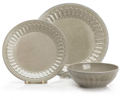 Flamefield Set da 12 pezzi in melamina vintage beige, sofisticate stoviglie ispirate alla Costa Azzurra, durevoli e infrangibili, per cene raffinate, lavabili in lavastoviglie