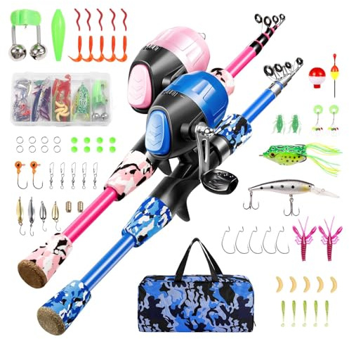 Gamashino Kids Fishing Pole Set - 2Pack Rod and Reel Combo Kit with Tackle Box Fishing Line for Children Beginner (Blue+Pink,4.92)