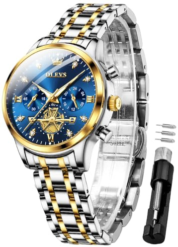 OLEVS Womens Watches Chronograph Luxury Diamond Dress Quartz Blue Wrist Watches Stainless Steel Waterproof Luminous