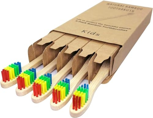 ECOETBOO Lot de 5 brosses à dents en bambou doux et doux sans BPA pour enfants avec manche en bois naturel (arc-en-ciel)