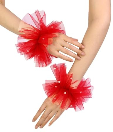 QRBTSCL Guantes de malla de tul sin dedos para mujer, guantes cortos de perlas, mangas de encaje para boda, novia, baile, fiesta, Rojo -, Talla única