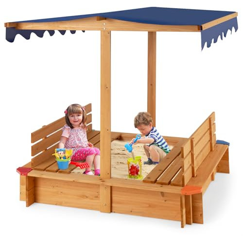 COSTWAY Sabbiera per Bambini in Legno con Tendina, Senza Fondo con 2 Panche Convertibili e Angoli Protettivi, Adatto per Cortile Prato Giardino Spiaggia, 121x121x121 cm