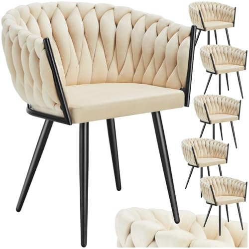 tectake® Juego De Sillas de Comedor, Silla Acolchada con Reposabrazos, Diseño Anudado, Estructura de Acero, Cocina, Sillas Comedor Nordica - 6 Sillas Arena