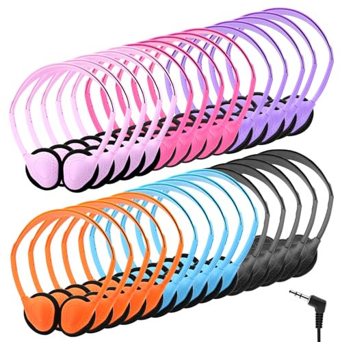 NANONAN 30 Pack Wired Headphones for Kids, Class Set of On Ear Headphones with Adjustable Headband, Comfortable and Portable, 3.5mm Jack, Multicolour, 30 Pcs