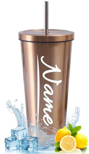 Générique Mug Isotherme Personnalisable avec Nom Tasse Isotherme en Acier Inox avec Couvercle et Paille Tasse a Cafe Tumbler Travel Mug (Or, 750ml)