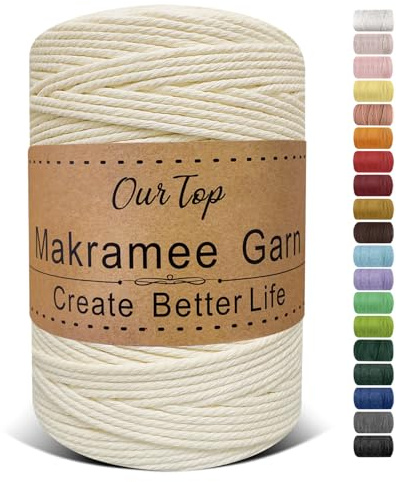 OurTop Premium makramégarn mjölkgul, 3 mm x 300 m, makramésnöre, makramésnöre, garn för gör-det-själv-hantverk, vävning, dekoration, hängande växt växt hängare